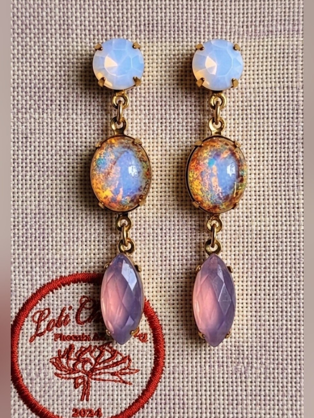 Pink Fire and Swarovski Rose Opal Crystals in Long Drop Dangle Earrings